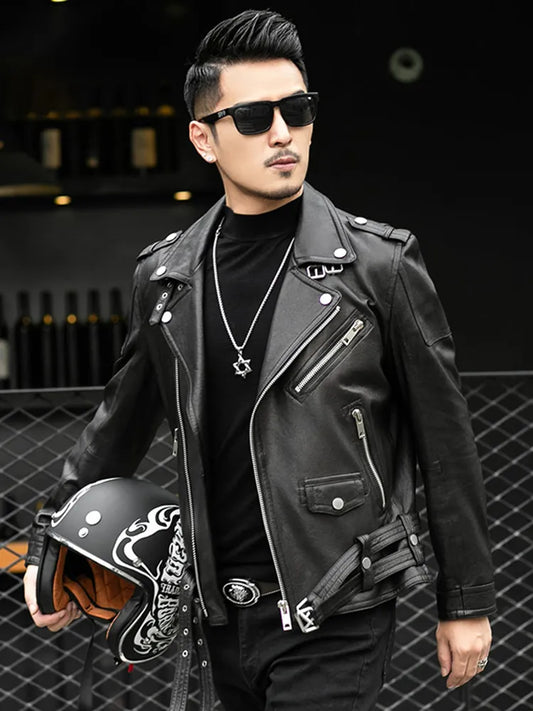 Spring Autumn Short Cool Black Leather Biker Jacket Men Zipper Long Sleeve Belt Plus Size European Fashion brand leather jackets