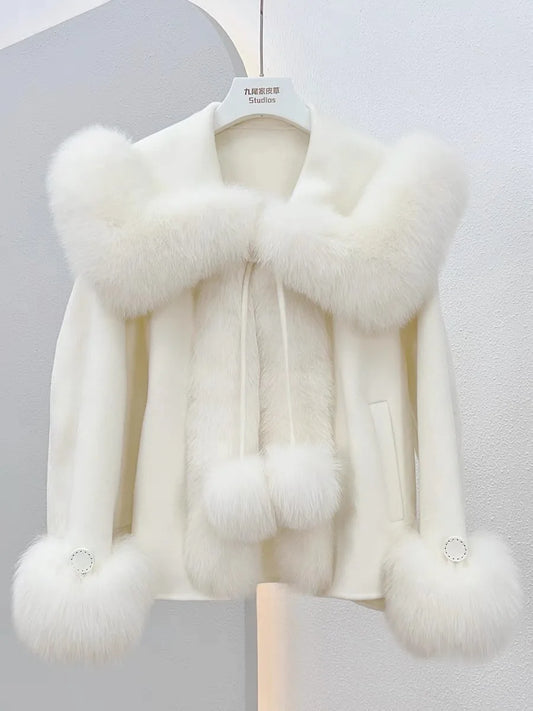 Winter Solid Fox Fur Collar Poncho Coat Luxury Warm Women Cashmere Jacket Cute Thick Female Lace up Parkas Wollen Overcoat  Chic